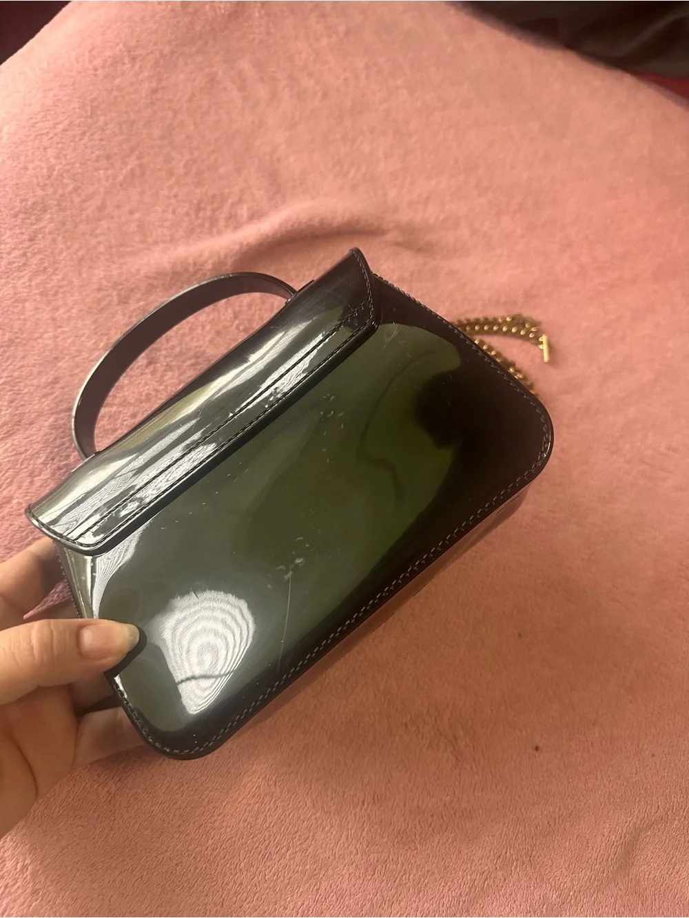 Black Patent Leather Top-Handle Shoulder Bag with Gold Hardware